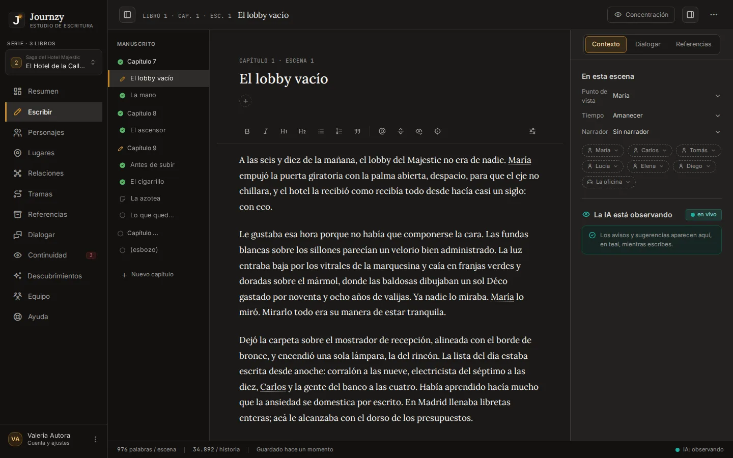 El editor de Journzy: el árbol del manuscrito a la izquierda, la escena «El lobby vacío» en el centro y el panel «En esta escena» con el punto de vista, el momento y los personajes a la derecha.